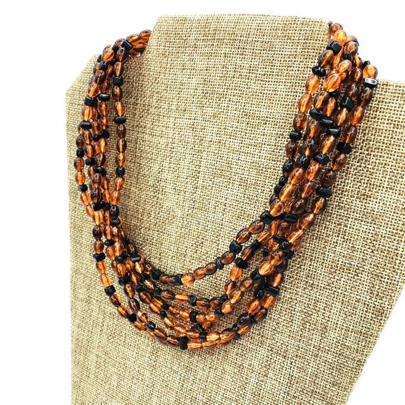 Vintage Lucite Necklace Multi Beaded Faux Amber Necklace 18 in - Picture 2 of 7